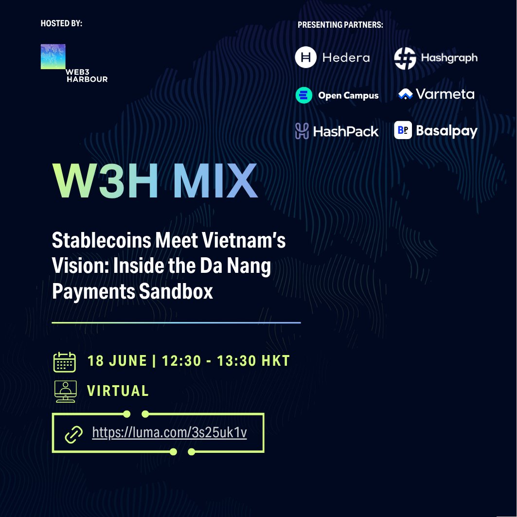 web3harbour's tweet photo. This session builds directly on the productive exchanges with the official VIFC Da Nang government delegation — where members and partners shared practical lessons on building a responsible digital asset hub.

Bring your questions and join the conversation!

Secure your spot now: https://t.co/mBCx8Qn7N2

See you at 12:30!

#Web3 #Stablecoins #Vietnam #DaNang #HongKong #W3H #Tokenization