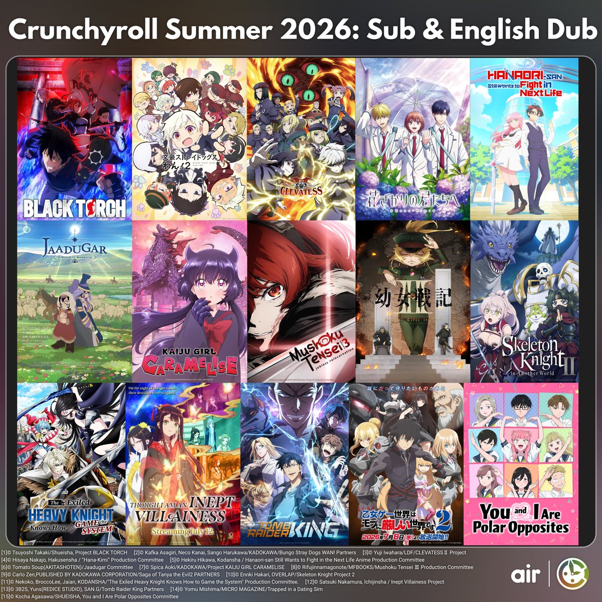 AIR_News01's tweet photo. Crunchyroll's Summer 2026 lineup so far (excluding continuing):

https://t.co/Pg416A8ReL

[Subbed & Dubbed (English) × 15]
・BLACK TORCH
・Bungo Stray Dogs WAN! 2
・Clevatess Season 2
・Hana-Kimi Season 2
・Hanaori-san Still Wants to Fight in the Next Life
・Jaadugar: A Witch in Mongolia
・KAIJU GIRL CARAMELISE
・Mushoku Tensei: Jobless Reincarnation Season 3
・Saga of Tanya the Evil Season 2
・Skeleton Knight in Another World Season 2
・The Exiled Heavy Knight Knows How to Game the System
・Though I Am an Inept Villainess
・Tomb Raider King
・Trapped in a Dating Sim: The World of Otome Games is Tough for Mobs Season 2
・You and I Are Polar Opposites Season 2

[Subbed × 26]
・Anime AzurLane: Slow Ahead! Season 2
・Dara-san of Reiwa
・From Overshadowed to Overpowered: Second Reincarnation of a Talentless Sage
・Goodbye, Lara
・GROW UP SHOW -Sunflower Circus-
・Heroine? Saint? No, I'm an All-Works Maid (And Proud of It)!
・I Became a Legend after My 10 Year-Long Last Stand
・I Want to Love You Till Your Dying Day
・Love Unseen Beneath the Clear Night Sky
・Magical Girl Lyrical Nanoha EXCEEDS Gun Blaze Vengeance
・Mebius Dust
・Oh Boy, Was I Wrong About Her
・Rich Girl Caretaker: I'm Secretly the Caregiver of the Most Popular Girl in This Rich Kid School
・Smoking Behind the Supermarket with You
・Sorry About My Little Brothers
・The Cat and the Dragon
・The Duke's Son Claims He Won't Love Me Yet Showers Me with Adoration
・The Elusive Samurai Season 2
・The Insipid Prince's Furtive Grab for the Throne
・The Oblivious Saint Can't Contain Her Power
・The Ogre's Bride
・The Villager of Level 999
・The World's Strongest Rearguard: Labyrinth Country's Novice Seeker
・Victoria of Many Faces
・Yoroi-Shinden Samurai Troopers Cour 2
・Young Ladies Don’t Play Fighting Games
