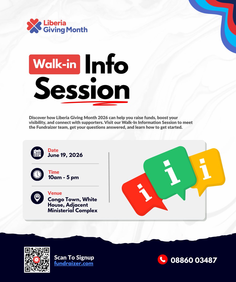 ourfundraizer's tweet photo. Have questions about the  Liberia Giving Month 2026? Stop by our office this Friday for a Walk-In Info Session!

Whether you’re an organization or an individual, come learn how to participate, and make an impact.

📍 Visit us this Friday
🕒 Get your questions answered https://t.co/0gq1hAxd1Y