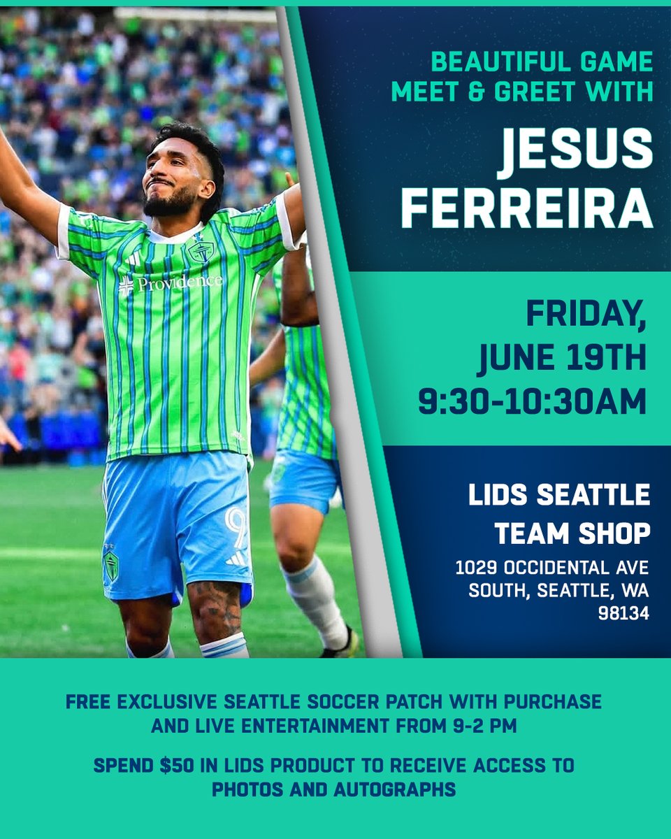 lids's tweet photo. The world’s game is headed to Seattle ⚽️

Don’t miss your chance to meet Seattle Sounders' Jesus Ferreira! https://t.co/CHv3Z2duRM