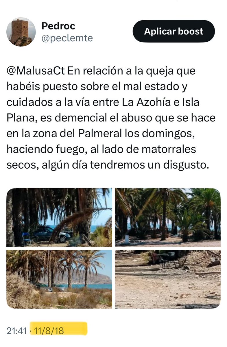 peclemte's tweet photo. @ctactualidad Tan culpable es el que ha hecho la barbacoa provocando el incendio, como responsable el Ayuntamiento de #Cartagena por dejadez de funciones. En fin, abandono de #LaAzohia. https://t.co/WRMpwsMqny