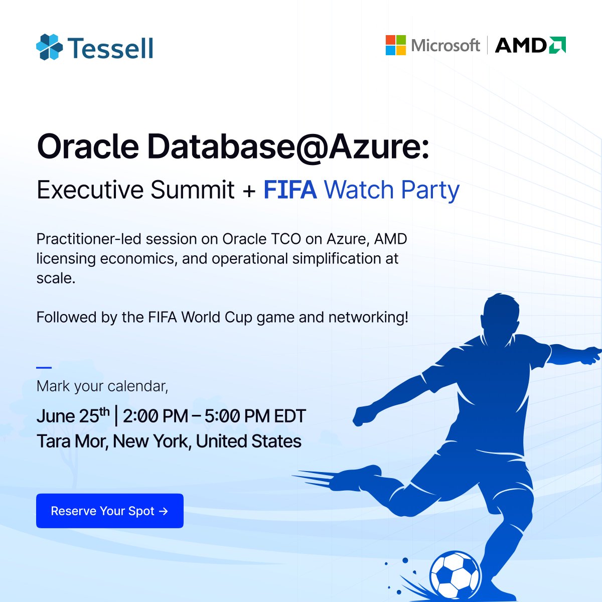 tessell_ai's tweet photo. ⚽  Join @Microsoft, @AMD, and Tessell for an exclusive discussion on how enterprises are optimizing Oracle costs, simplifying operations, and getting more from Azure. 

Then catch the FIFA World Cup match with peers!

🎟️ Register today: https://t.co/alo2wWqR8h https://t.co/Bf6sLsTTUF