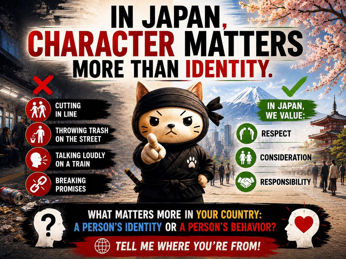 morimorio526's tweet photo. 🇯🇵 A Japanese person rarely hates someone because of race.

But we will absolutely dislike someone for being rude.

Cutting in line.

Throwing trash on the street.

Talking loudly on a train.

Breaking promises.

In Japan, character usually matters more than identity.

That’s why many Japanese are confused by racial politics.

We spend far more time judging behavior than skin color.

What matters more in your country:

A person’s identity or a person’s behavior?

🌏 Tell me where you’re from