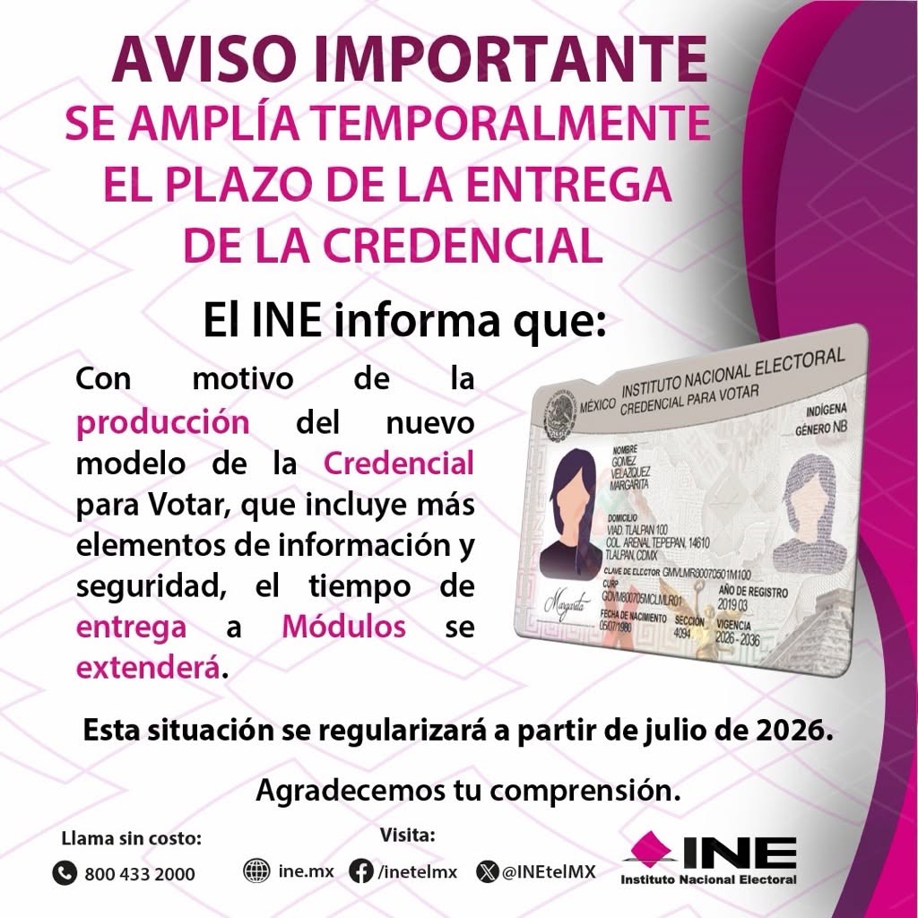 03JDECOAH's tweet photo. 📣 Aviso importante se amplía temporalmente el plazo de la entrega de la credencial.  

EI INE informa que, con motivo de producción del nuevo modelo de la Credencial para Votar, que incluye más elementos de información y seguridad, el tiempo de entrega a Módulos se extenderá. https://t.co/vD3DcE3yOM