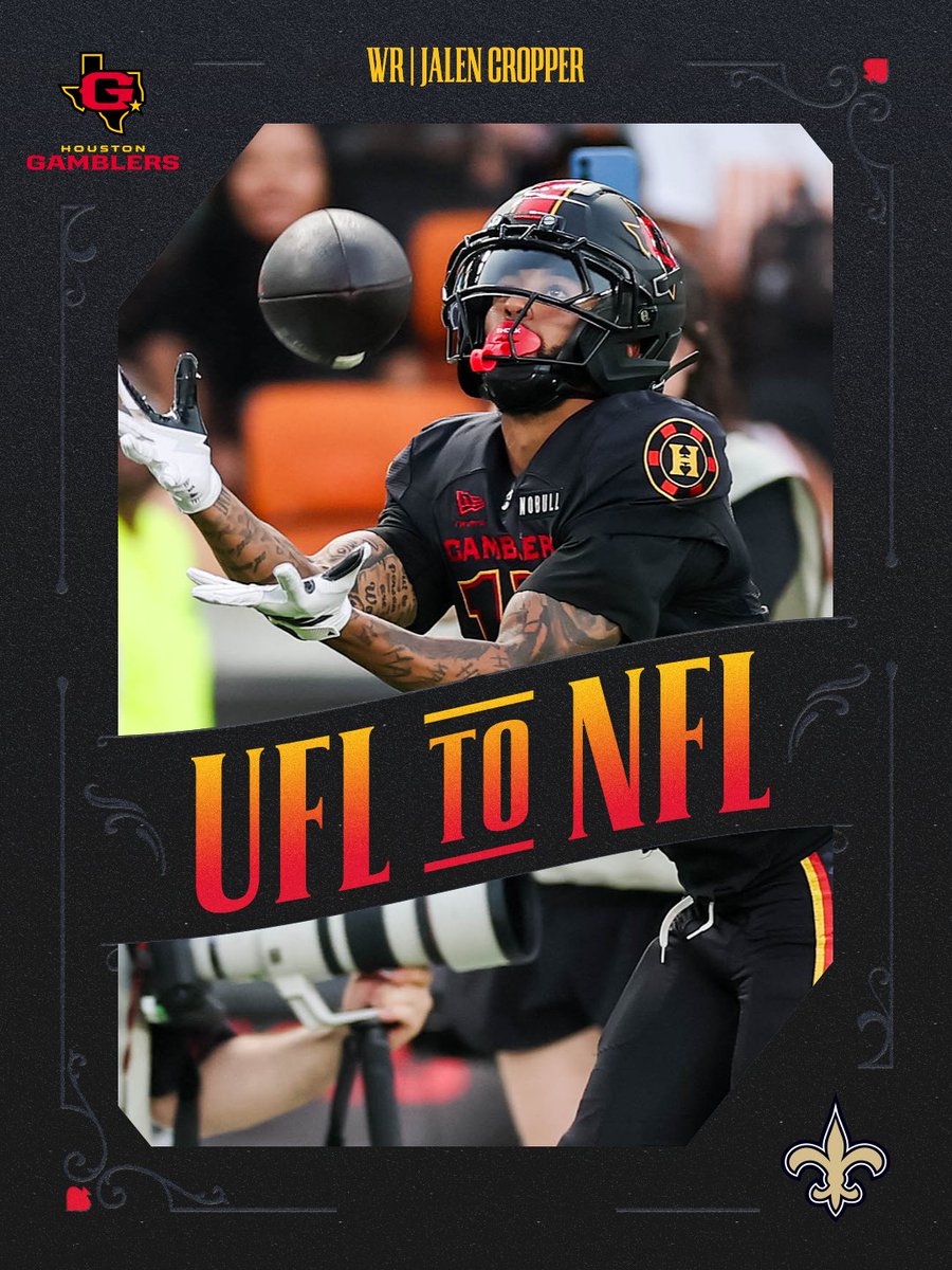 UFLGamblers's tweet photo. Another Gambler hit the jackpot 🎰

Jalen Cropper has signed with the New Orleans Saints!

#UFLtoNFL https://t.co/TEyX7qnedW