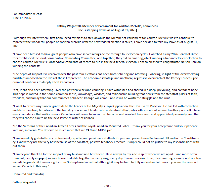 cathayw's tweet photo. Although my intent when I first announced my plans to step down as the MP for Yorkton-Melville was to continue to represent the wonderful people of our riding until the next federal election is called, I have decided to take my leave as of August 31, 2026.

Read my statement: https://t.co/gIQIoV8YnJ