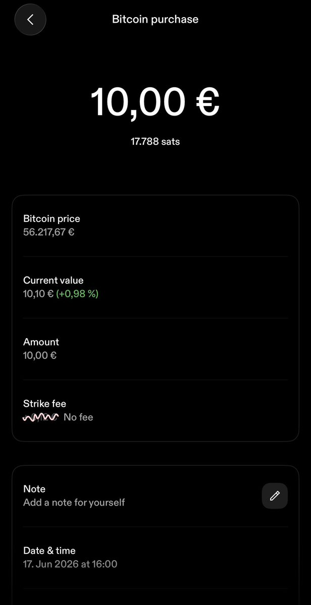 10EuroBTC's tweet photo. 💶 Daily €10 Bitcoin Purchase!

Date:  17. Jun 2026
₿ Earned Today: 17.788 Sats
Step by step, Satoshis stacking 🚀

#DailyBTC #10EuroBTC #BTCJourney https://t.co/4ogKpTuaVz
