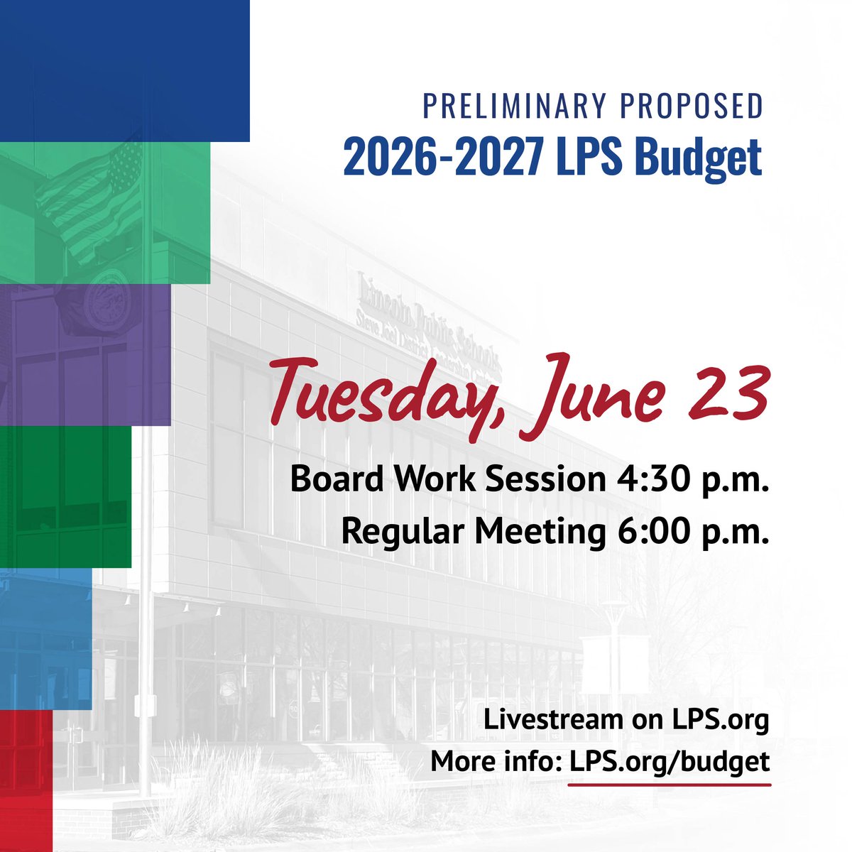 LPSorg's tweet photo. The Preliminary Proposed 2026-27 LPS Budget will be presented during the Lincoln Board of Education work session on June 23. We invite the community to participate in this process! Find more info on the budget development process: https://t.co/u40zOBoN8n #LPSProud https://t.co/SXKLzjEadt
