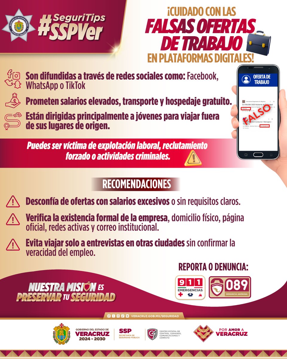 SP_Veracruz's tweet photo. #SeguriTipsSSPVer ⚠️ | ¡Cuidado con las falsas ofertas de trabajo en redes sociales!

Desconfía de empleos con sueldos excesivos o sin requisitos claros, verifica la empresa y evita viajar sin confirmar la vacante.

Podrías ser víctima de explotación o actividades delictivas. https://t.co/O07m8AmFdm