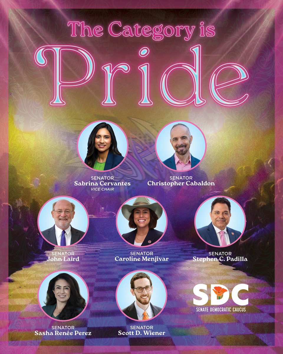 CASenateDems's tweet photo. 🌈 Happy #PrideMonth! We want to acknowledge the seven #CASenateDems who are members of the @calgbt Caucus.

#CALeg https://t.co/dbgKSEVXCH