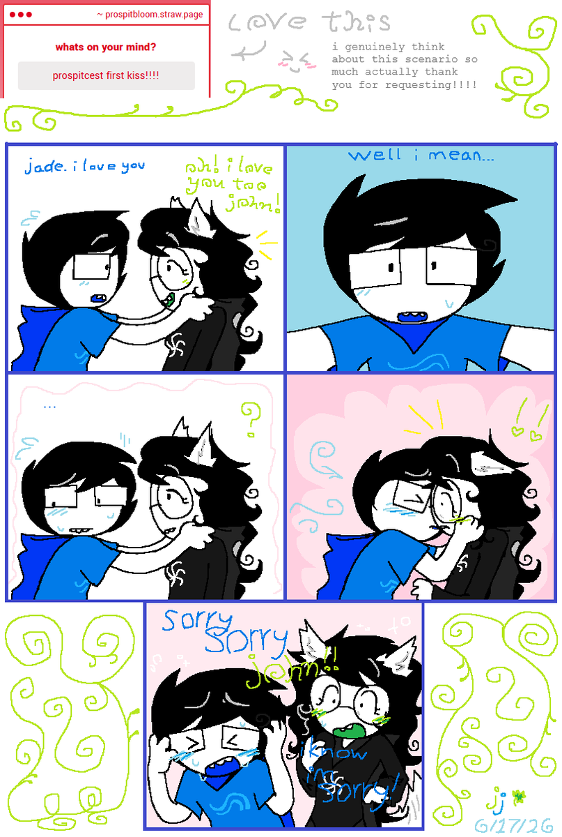 prospitbloom's tweet photo. prospitcest first kiss!!! took me a while but i had a blast drawing :D #prospitcest #johnjade #homestuck #prostuck https://t.co/0OYDIrmnmY