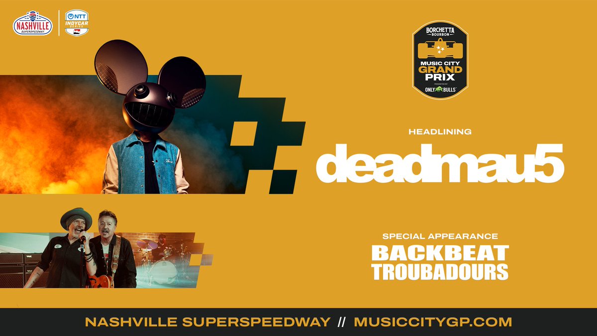 MusicCityGP's tweet photo. Start your engines… and your playlists! 🎧🏁

We’re turning up the volume at the Borchetta Bourbon Music City Grand Prix presented by OnlyBulls with a LIVE performance from our headliner deadmau5 and a special appearance from the Backbeat Troubadours!
🎟️https://t.co/NX0xypoYPQ https://t.co/WPtgWDlmPd