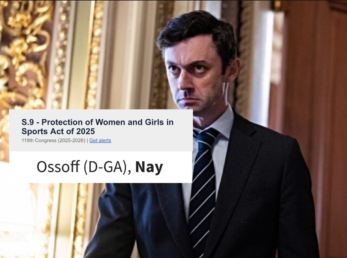TeamOverhaulGA's tweet photo. Jon Ossoff voted...

not once...

not twice...

but *three* times against keeping men out of women's sports. https://t.co/MLiEMGucIn