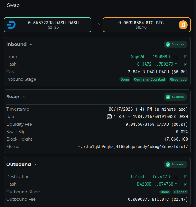 TheDesertLynx's tweet photo. Just tried a Dash-to-Bitcoin swap using the @Maya_Protocol.

Dash to Bitcoin in 45 seconds flat. 👀⚡️

No middlemen, no waiting, no hassles.

Only possible on a DEX because of Dash's InstantSend technology.

Only possible to have this experience in a DEX because of the Mayan wizards. 🧙‍♂️🇲🇽

Dash to anything in seconds. Imagine the possibilities.