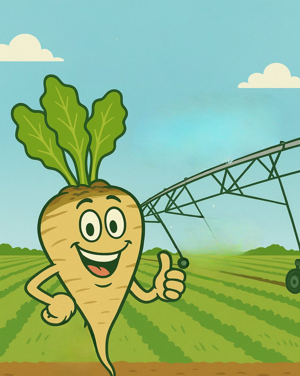 asbg's tweet photo. 💧🌱 As a sugar beet, I love a good drink — but not too much! Alberta farmers use high-tech irrigation systems that give me just the right amount of water, exactly when I need it.
#PeteTheBeet #ASBG #ABSugar22 #WaterWise #FarmSmart #SustainableFarming #SweetFromTheStart #ASBG https://t.co/EHz4gZXTEP