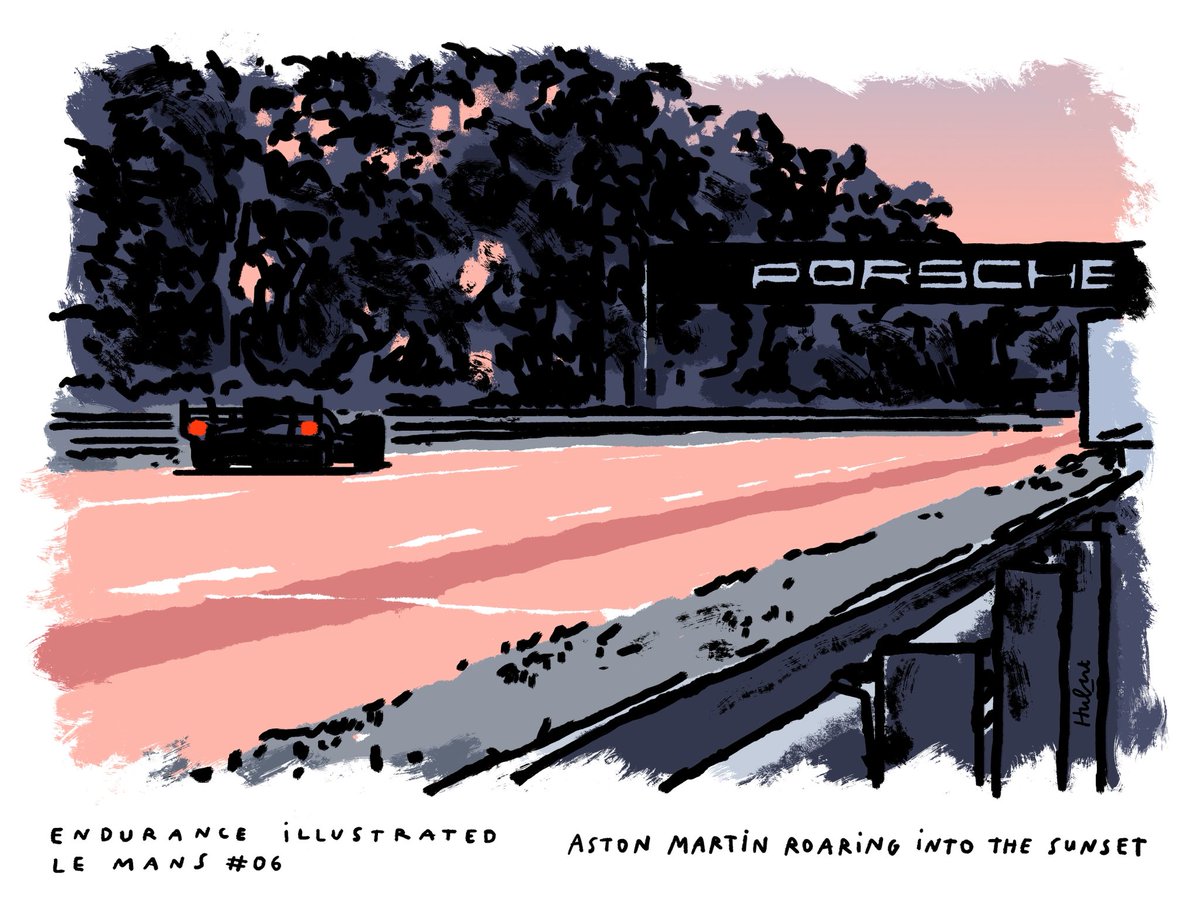FIAWEC's tweet photo. Le Mans sunset, reimagined 🎨
 
Toyota and Aston Martin take centre stage in the latest instalment of Hubert Poirot’s ‘Endurance Illustrated: Le Mans edition’, exploring one of the most atmospheric moments of the race weekend.
 
#WEC #LeMans24 https://t.co/PgcoX3d96x