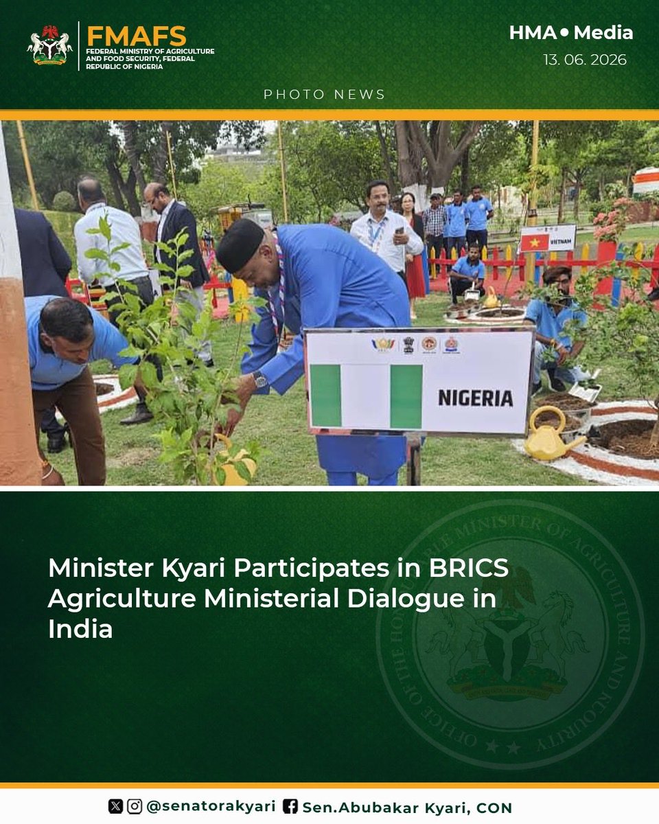 SenatorAKyari's tweet photo. I was pleased to participate in the BRICS Agriculture Ministerial Dialogue in Indore, India, where Ministers and senior officials came together to chart practical pathways for strengthening food systems and securing the future of food.

The discussions reinforced my conviction that the future of agriculture lies in empowering the smallholder farmer, the enterprising woman and the innovative young person. In Nigeria, under the leadership of President Bola Ahmed Tinubu, GCFR, we are placing food security at the heart of national development and pursuing policies that create opportunities across the agricultural value chain.

I shared Nigeria’s experience and our growing partnerships in mechanisation, climate-smart agriculture, digital innovation and post-harvest infrastructure. I was particularly encouraged by the shared commitment among BRICS members and partner countries to deepen South-South cooperation and accelerate agricultural transformation.

As a BRICS Partner Country, Nigeria remains committed to building resilient and inclusive food systems. I look forward to stronger collaborations that will improve productivity, enhance livelihoods and ensure a more prosperous future for our farmers, women and youth.

Everything begins and ends with the farmer. By empowering them, we secure the future of food.

#BRICS2026 #FoodSecurity #Agriculture