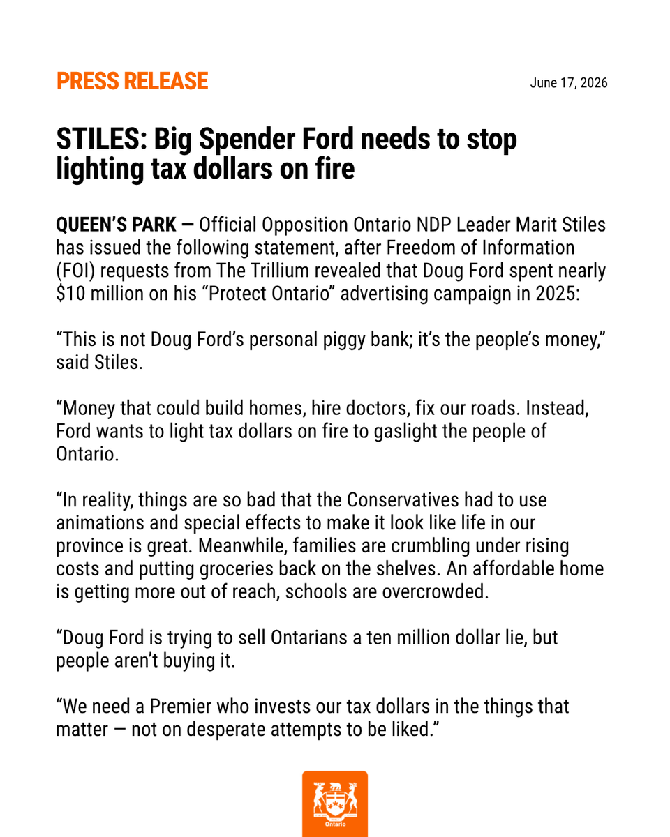 OntarioNDP's tweet photo. #NEW: STILES: Big Spender Ford needs to stop lighting tax dollars on fire https://t.co/NYgVvY7A6u