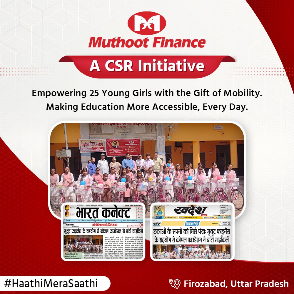 TheMuthootGroup's tweet photo. Every ride brings a girl closer to her dreams.
Through #HopeOfWheels, #MuthootFinance donated 25 bicycles to students of Shrimati Rewati Devi Girls College, helping improve access to education and empowering them with mobility &amp; confidence.
#GirlChildEducation #MuthootCares #CSR https://t.co/4PkjQpTXGz