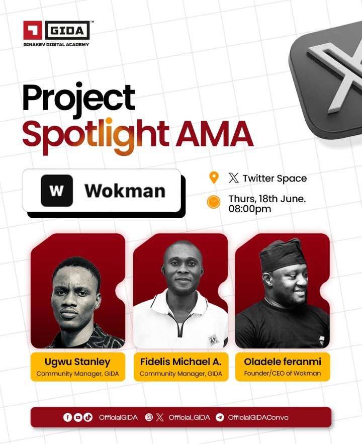 Official_GIDA's tweet photo. We're excited to announce the next edition of our Project Spotlight AMA featuring Wokman.

Join @ugwu_stanley_ez, @Michael_fide as they  sit down with @Omoiyaeleja Founder/CEO of Wokman, for an insightful conversation about the project, its vision, milestones, and future opportunities.

📍 Venue: X (Twitter) Space
📅 Date: Tomorrow, 18th June
⏰ Time: 8:00PM

Don't miss this opportunity to learn, engage, and ask your questions directly.

Set your reminders and see you there.