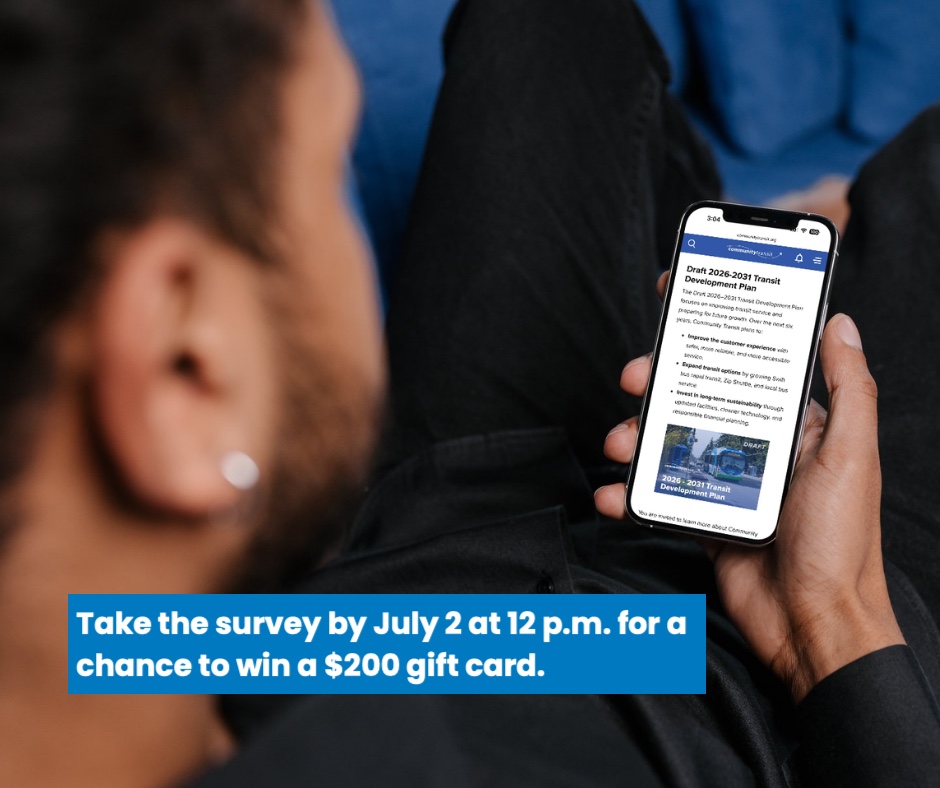 HopeCreekCF's tweet photo. Help shape the future of transit in Snohomish County.
Community Transit’s Development Plan outlines our service plans, programs, and investments for the next six years.

Take the TDP survey* by July 2 at 12 p.m. for a chance to win a $200 gift card: https://t.co/HHuDs3J0ZB https://t.co/EsOAma8AnA