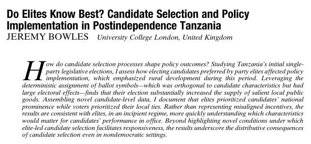 apsrjournal's tweet photo. From our FirstView: Do Elites Know Best? Candidate Selection and Policy Implementation in Postindependence Tanzania by @jeremy_bowles. https://t.co/sL82alNRs2 https://t.co/QjZRjCZajJ