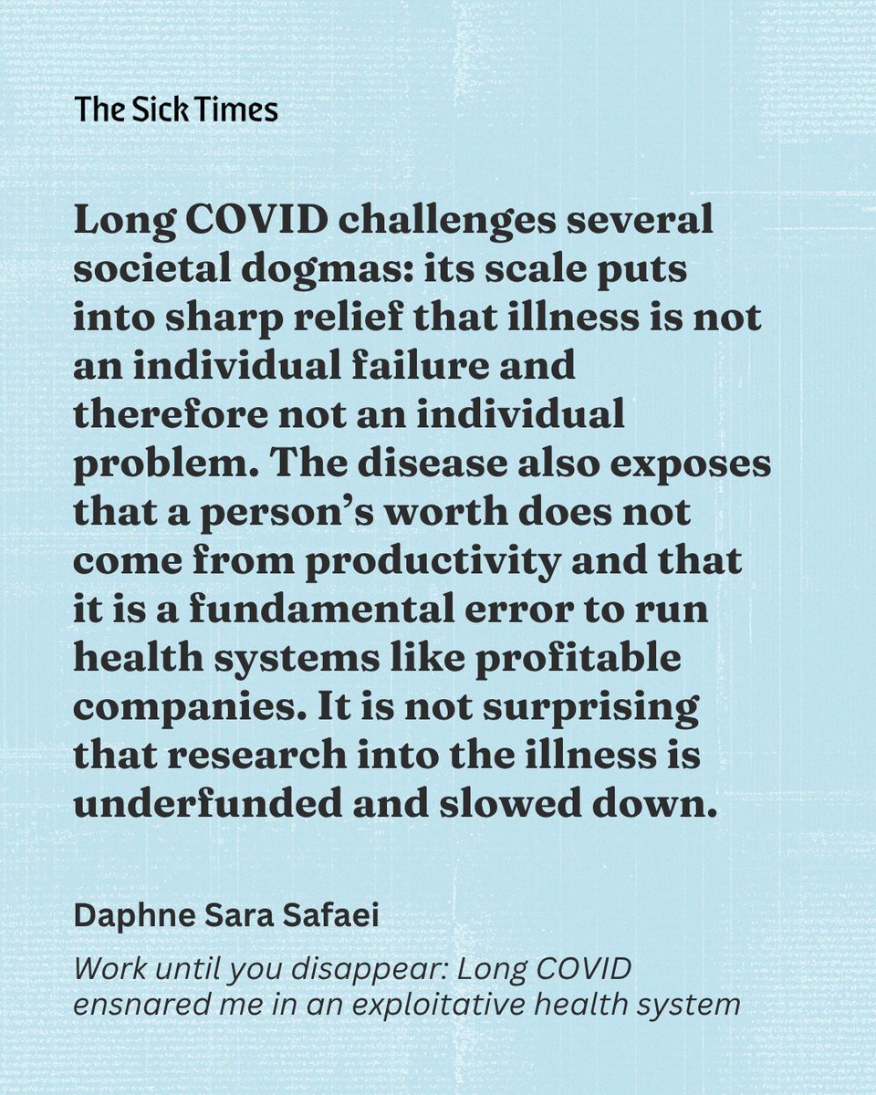 thesicktimes's tweet photo. Daphne Sara Safaei writes about the ways Long COVID emphasizes the racism and ableism of the public health sector, and calls for people with disabilities and chronic illnesses to be prioritized over profits. https://t.co/5VAIi0rj8L https://t.co/bNuMddpCnT