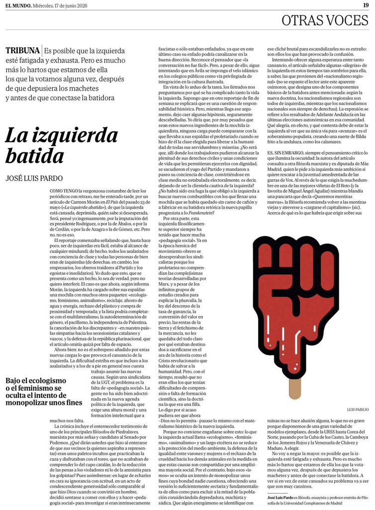 tinchosica's tweet photo. Me crucé con esta columna de José Luis Pardo, en esta red social empobrecida pero aún muchas veces productiva. La izq uruguaya debería leerla. Y cambiar, urgentemente, y evolucionar. Los recortes lo explican para quienes votamos estas parcelas ideológicas. #laizquierdabatida https://t.co/XtzYiVwU4k