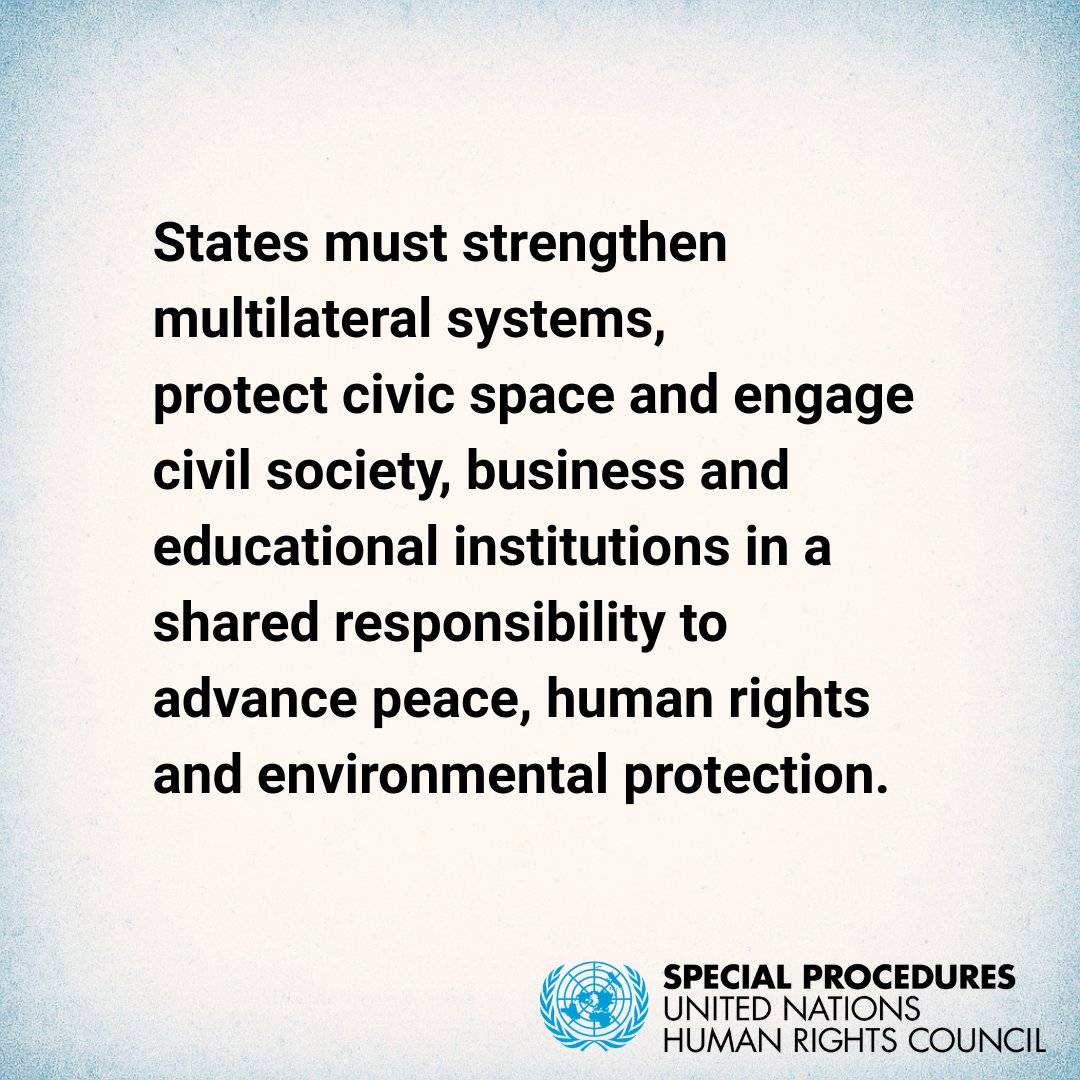 UN_SPExperts's tweet photo. Global peace under threat amid rising militarisation, inequality &amp; weakening multilateralism, reports UN expert on international solidarity @UN_HRC. “High levels of interpersonal violence underscore urgent need to rethink global peace priorities.” #HRC62

https://t.co/qqtm7N886x https://t.co/6GMk5Wrcvi