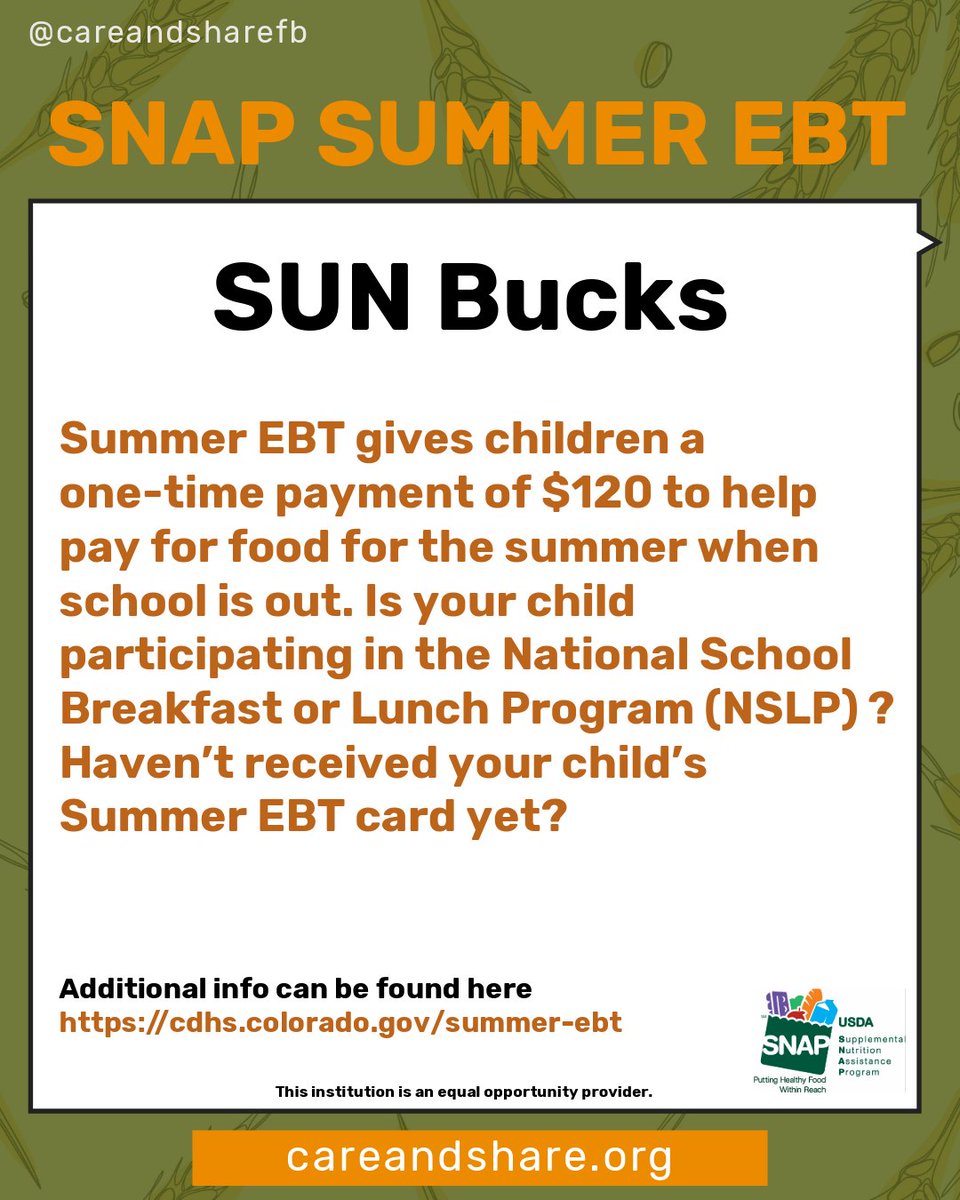 CareandShareFB's tweet photo. 🌞 Summer EBT provides eligible children with a one-time $120 benefit to help pay for food while school is out.

Does your child participate in the National School Lunch or Breakfast Program? Haven't received your Summer EBT card yet?

Learn more: https://t.co/DzCoqAmhP8 https://t.co/ob8AjAkJTb