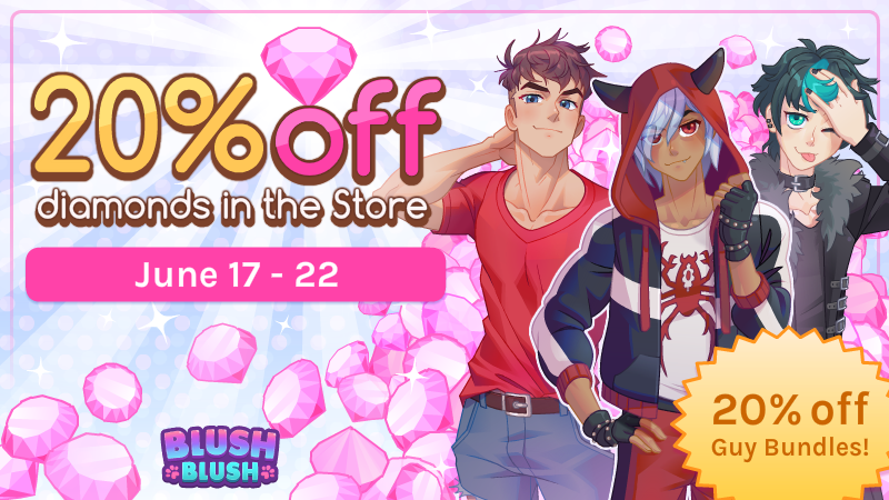 sadpandastudios's tweet photo. Are you dazzled by diamonds? How about gaga for guys? From June 17-22, hit up the Blush Blush in-game Store to snag deals on both! Check it out on Steam, iOS, or Android! https://t.co/4xhQtl7cxf