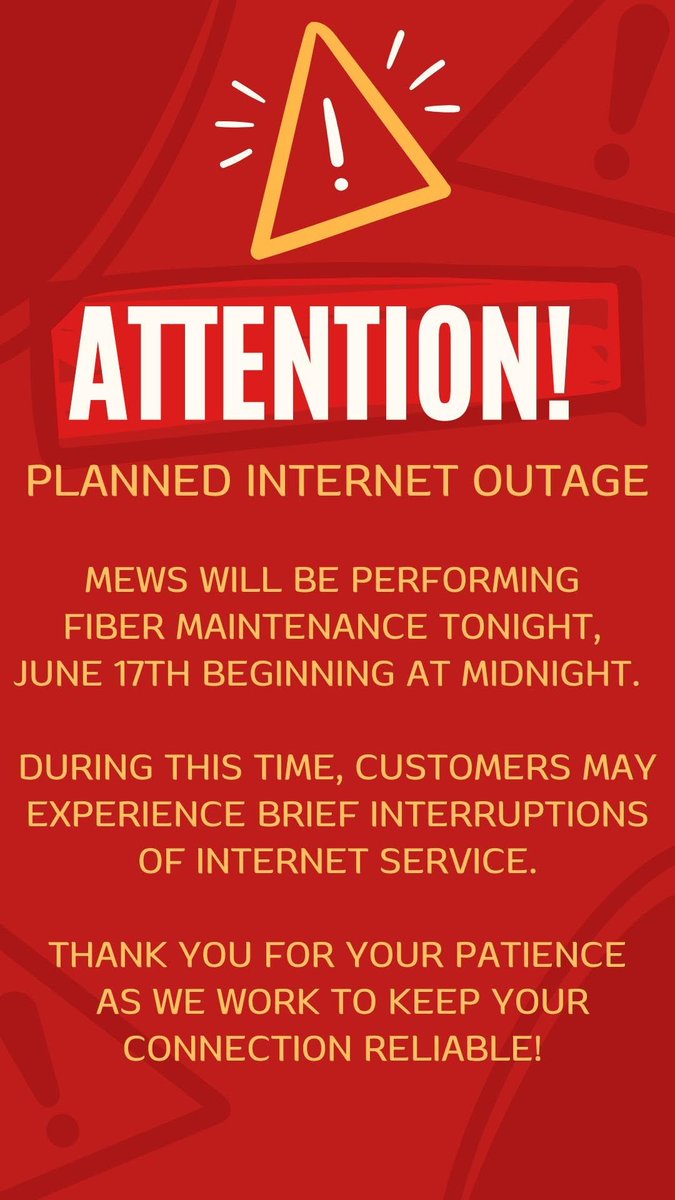 MEWSPublic's tweet photo. Fiber Maintenance Notice!
Mayfield Electric &amp; Water Systems will be performing fiber maintenance tonight, June 17th, beginning at midnight.
Customers may experience brief interruptions during this time. We appreciate your patience as we work to keep our network running smoothly. https://t.co/7UgfR31aLb