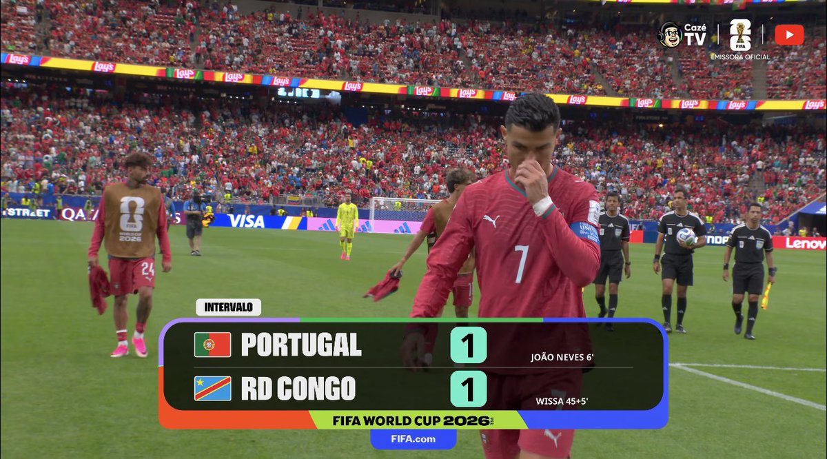 futebol_info's tweet photo. INTERVALO | 🇵🇹 Portugal 1x1 RD Congo 🇨🇩

📸 Reprodução/CazéTV https://t.co/yuAEUXXej1