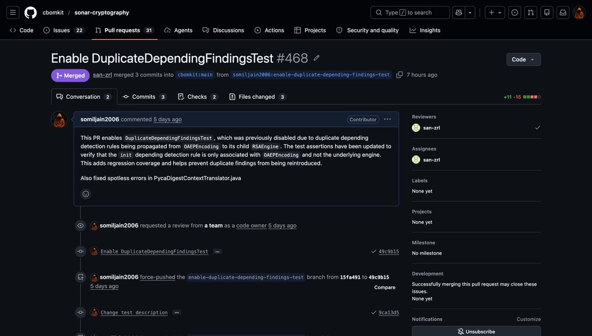 Techsom39849's tweet photo. Enabled DuplicateDependingFindingsTest in Sonar Cryptography and updated assertions to ensure dependent detection rules are only attached to the intended component, preventing duplicate findings.

#OpenSource #Java #SonarQube #Cryptography #BouncyCastle https://t.co/1RKJw5lack