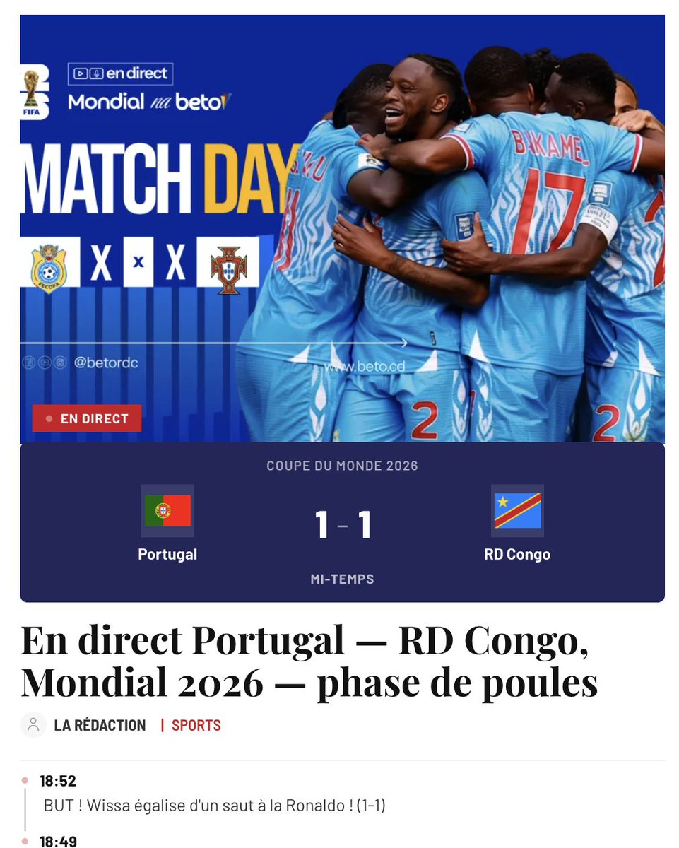 betordc's tweet photo. Explosion de joie à Kinshasa. Mi-temps, la RDC tient tête au Portugal de Cristiano Ronaldo. https://t.co/bNTJqLB8VM