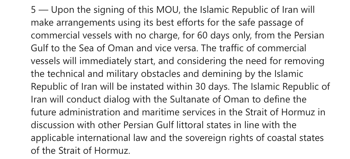 ZcohenCNN's tweet photo. Official MOU text released today notably says Iran "will make arrangements using its best efforts for the safe passage of commercial vessels with no charge, for 60 days only ..."