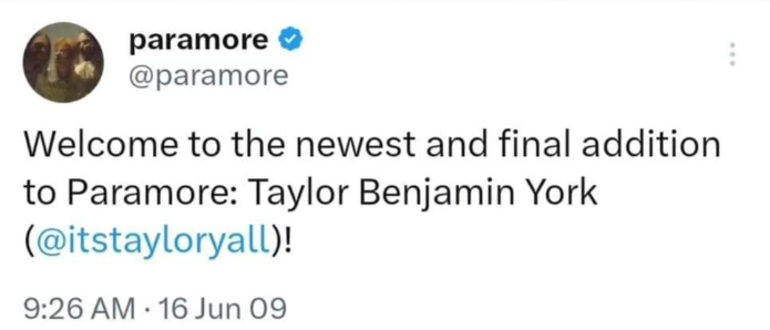 yorkcontent's tweet photo. yesterday, 17 years ago, paramore announced taylor york as an official member of the band! taylor, we love you and miss you 🥺❤️ https://t.co/Pz5MXPJpdf