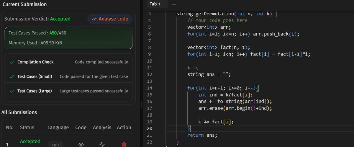 JustCoding01's tweet photo. Day-17
#SDESheetChallenge
Recursion Done
✅Combination Sum: take/nottake backtracking O(2ⁿ)
✅Combination Sum II: sort +skip dup. O(2ⁿ)
✅Palindrome Partitioning: backtracking + palind. check O(n·2ⁿ)
✅Permutation Sequence: factorial no. system O(n²)
@striver_79 @takeUforward_ https://t.co/NDbO6uEZf4