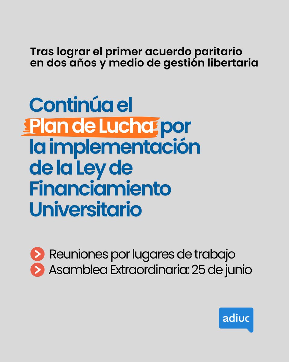 adiuc's tweet photo. Continúa el plan de lucha por la implementación de la Ley de Financiamiento Universitario

Reuniones por lugar de trabajo, camino a la próxima Asamblea Extraordinaria 

COMUNICADO 👇
https://t.co/WI23jsKyi6 https://t.co/RhQS4oQQSA