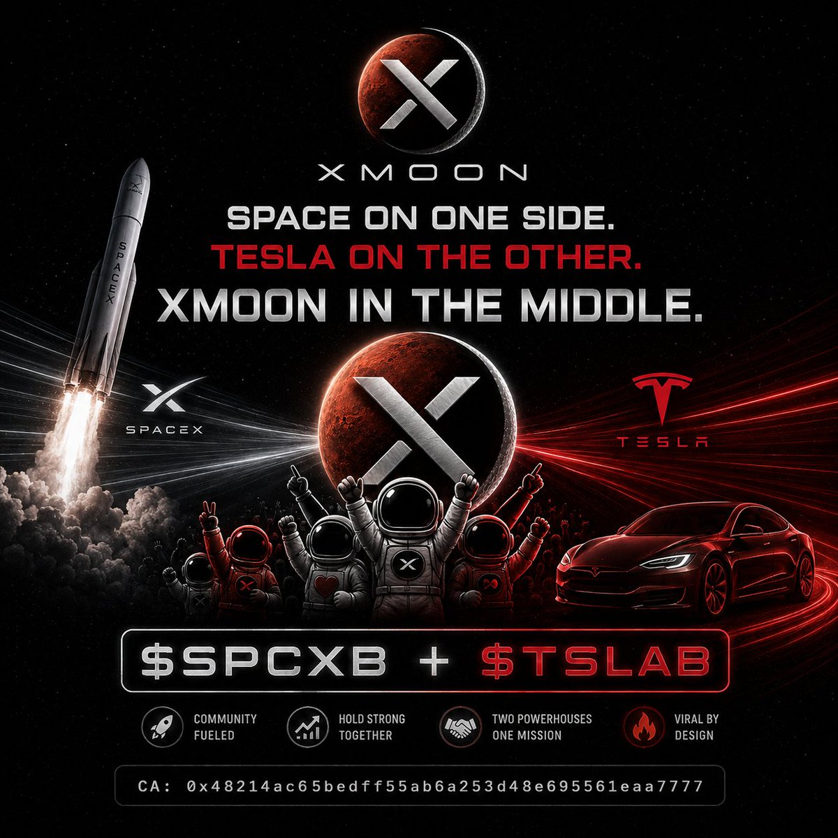 XMoon_FLAP's tweet photo. Space.

Tesla.

$XMOON.

Two sides of the Musk universe.
One on-chain community signal.

CA: 0x48214ac65bedff55ab6a253d48e695561eaa7777

https://t.co/dXZZ2HoNS3 https://t.co/7yAkBccwUL