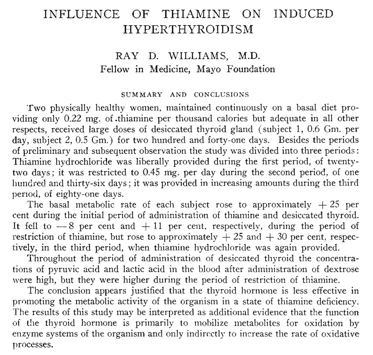 lowmegatron's tweet photo. Low thiamine could be the reason for your bad response to thyroid hormones.

In thiamine deficiency, thyroid hormones can cause anxiety and an abnormally high heart rate. Correcting thiamine levels can resolve the issue.

“The conclusion appears justified that the thyroid hormone is less effective in promoting the metabolic activity of the organism in a state of thiamine deficiency.”

“Administration of small doses of desiccated thyroid to patients with a low basal metabolic rate often is attended by rapid action of the heart and complaints of nervousness and digestive disturbances. An increase in the basal metabolic rate could be accomplished in such patients with fewer complaints if adequate amounts of thiamine were given prior to the administration of desiccated thyroid...

... the administration of desiccated thyroid to depressed psychotic patients was associated with tachycardia, restlessness and apprehension of a degree which necessitated discontinuance of medication. Other patients, however, who previously had been given thiamine hydrochloride, tolerated the administration of desiccated thyroid well. They were less apprehensive and agitated, although the increase in the metabolic rate and in the cardiac rate were as great as in the previous group of patients.”

This was a thiamine restriction experiment ,and the repletion doses were quite small. Started at 0.3 mg/day, increased stepwise to 1.2 mg, then “very high”, up to 19 mg/day.