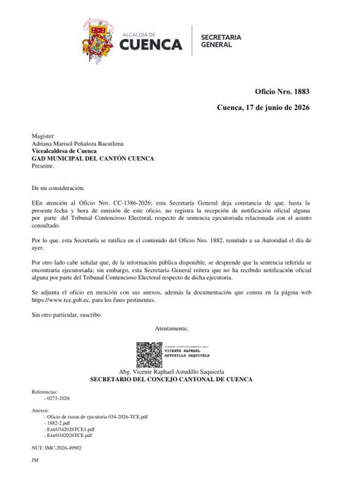 Sanchezmendieta's tweet photo. Marisol Peñaloza, Vicealcaldesa de #Cuenca, anunció que asumirá las funciones de alcaldesa únicamente cuando el Concejo Cantonal de Cuenca sea legalmente notificado por la autoridad competente. Detalles 👇 https://t.co/tFdG9WlsbC