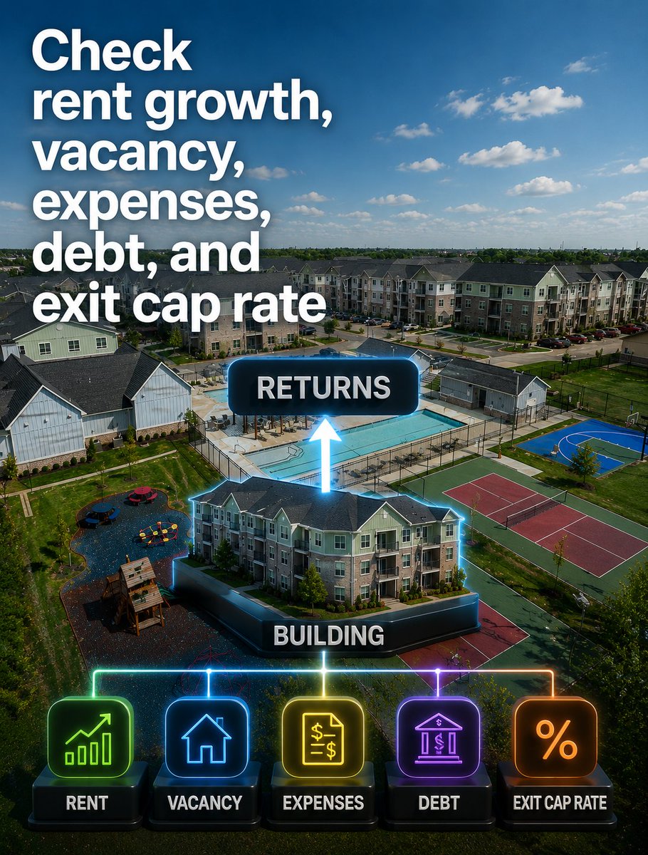 JorgeMultifam's tweet photo. Projected return is the least interesting number.

Ask:

“What has to go right for this return to happen?”

Check rent growth, vacancy, expenses, debt terms, and exit cap rate.

Questions? Drop them in the comments. https://t.co/sUfPFvK7d8