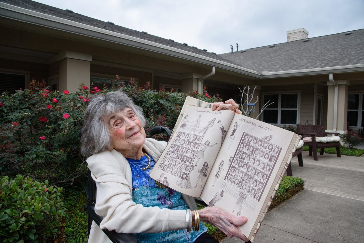 txst's tweet photo. At 102 years old, Janie Strother is believed to be TXST's oldest living alum. 
A member of the Class of 1945, she recently shared memories of student life on campus, offering a glimpse into TXST during the 1940s and World War II. 📚

Read more: https://t.co/tLk2m5EPz5 https://t.co/Q6VeZFsAOH