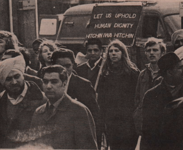Historyatnight's tweet photo. Opposing the racist National Front in Hitchin, Herts in 1971. More here: https://t.co/dOdZpzi1j1 (note Hitchin IWA placard, @Taj_Ali1 ) https://t.co/KjnZNq4kQO