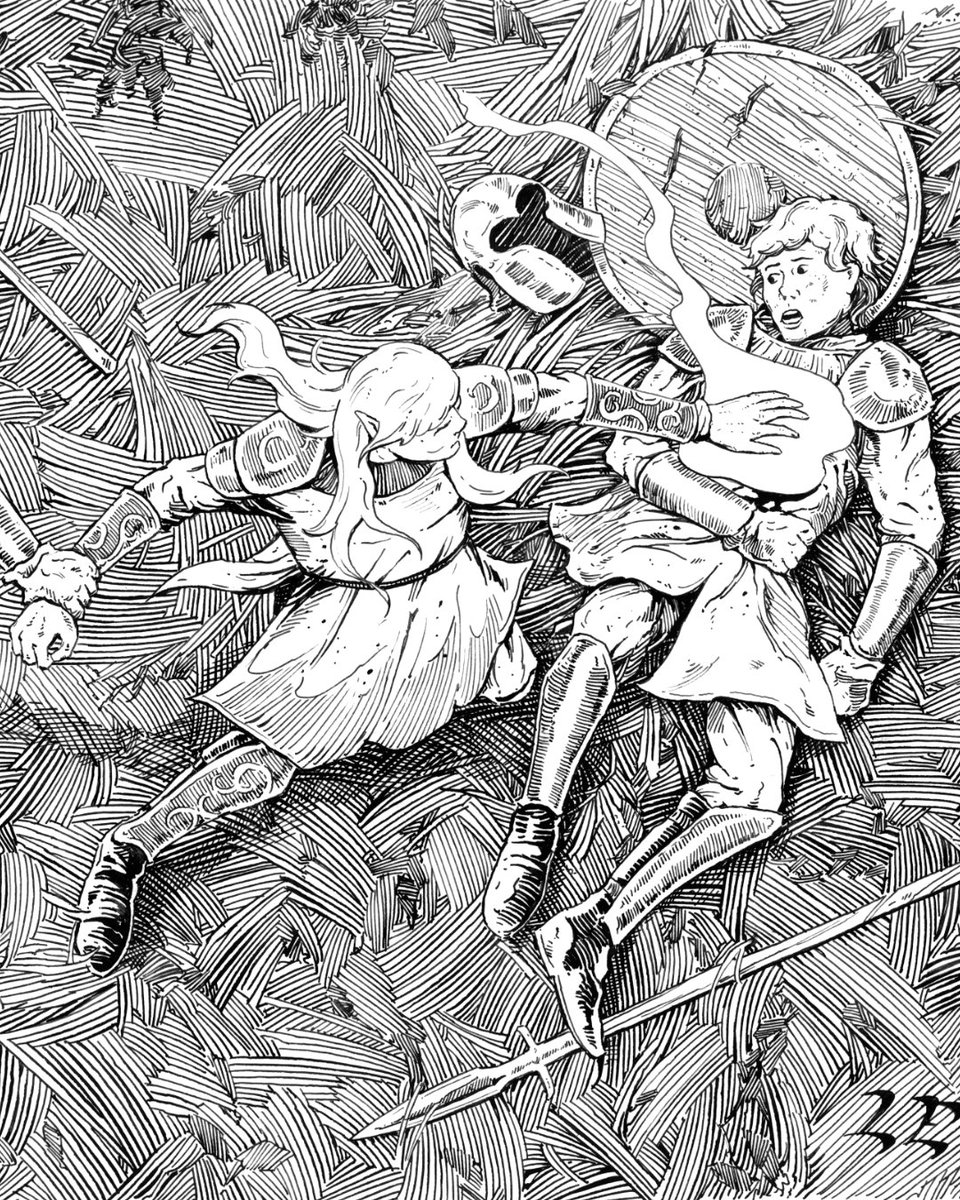 paolini's tweet photo. Following last week's artwork, Luke Eidenschink knocked it out of the park with a more personal scene from "The Defeat at Amaranth." ⚔️ There's a real human/elven cost behind the legend. 🧝‍♀️🐲

@LukeInkArt  @Wraithmarked  #worldofalagaesia #worldoferagon https://t.co/1K0DsdsmKY