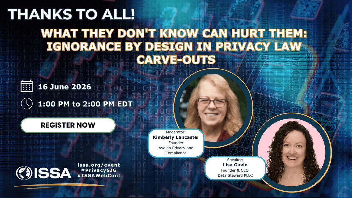 ISSAINTL's tweet photo. Thank you, Kimberly Lancaster &amp; Lisa Gavin, for an excellent session examining the operational impact of privacy law carve-outs &amp; disclosure gaps. If you were there, what are you taking back to your team?
https://t.co/OE0paOzyHD 

#PrivacyLaw #DataPrivacy #ISSAINTL https://t.co/6xPXYsI5bR