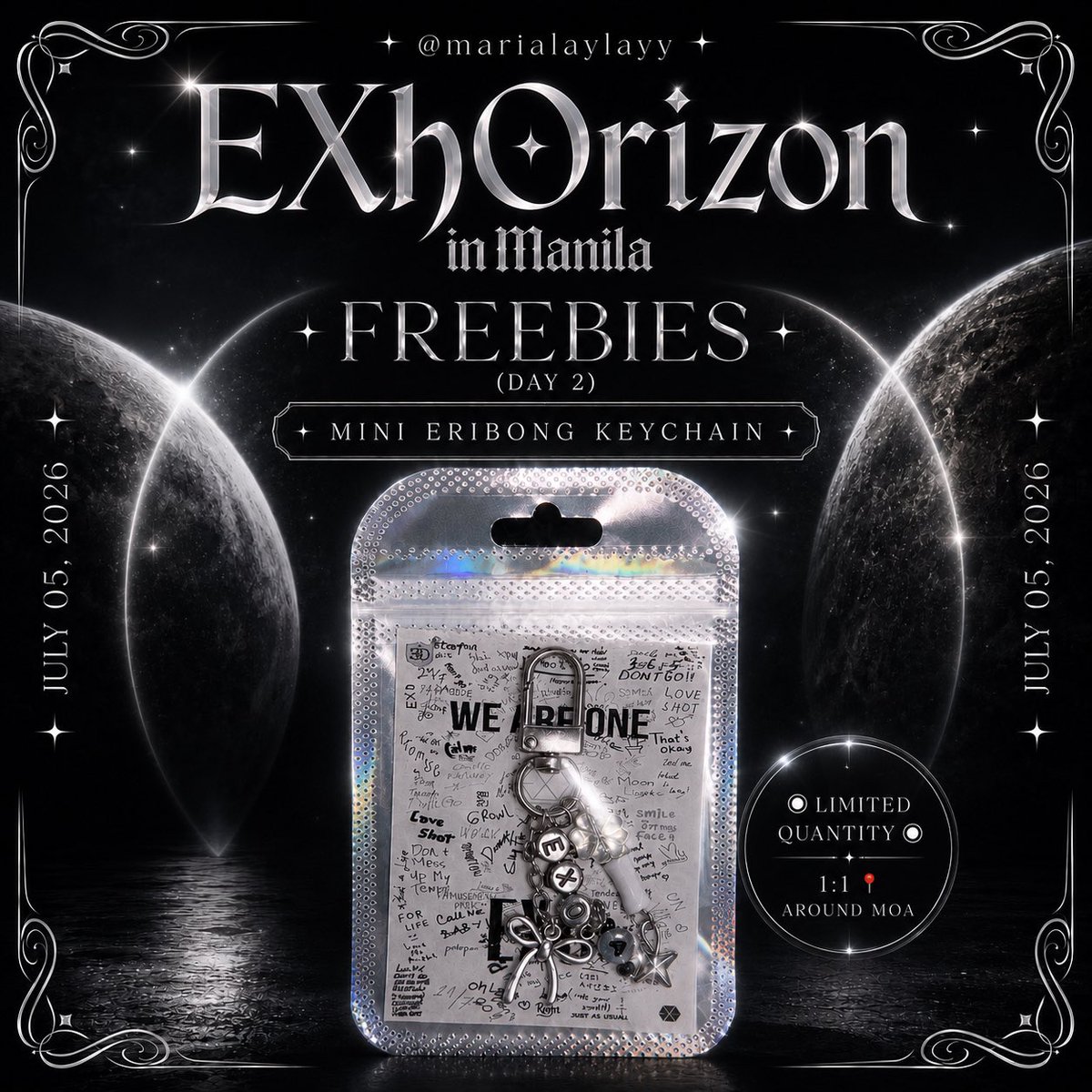 marialaylayy's tweet photo. EXO Planet 6: EXhOrizon in Manila 
freebies (Day 2) July 5, 2026 @marialaylayy 

Mini Eribong Keychain ✨
🔘Limited quantity
🔘1:1🦭
📍Around MOA Arena 

When you see me just say Hi✋☺️ 
See you!🤍 🩶
#EXhOrizonInManila #EXO #WeAreOneEXO #EXhOrizon https://t.co/HGMesPkBem