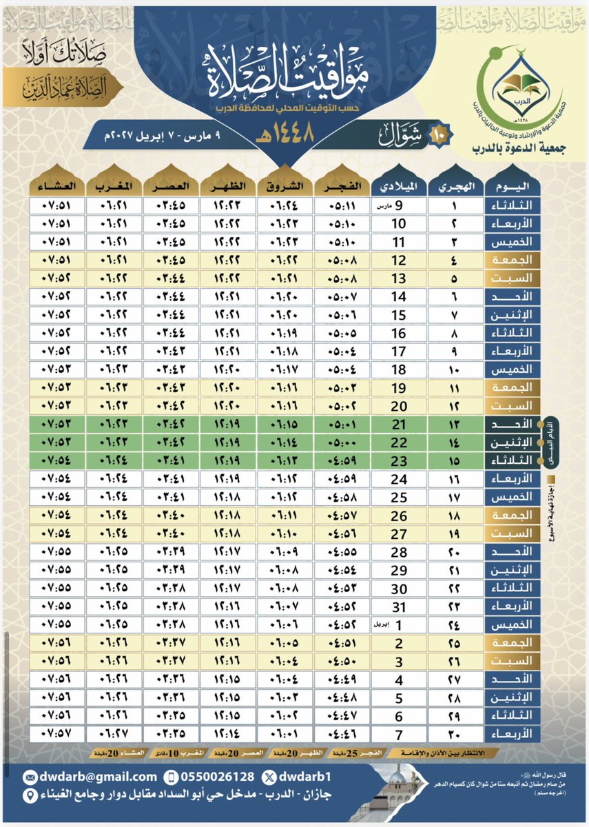 dwdarb1's tweet photo. مواقيت الصلاة  لجميع الشهور لعام ١٤٤٨ هـ لمحافظة الدرب 
#شوال
#ذوالقعدة
#ذو_الحجة https://t.co/B3zgFfKGaP