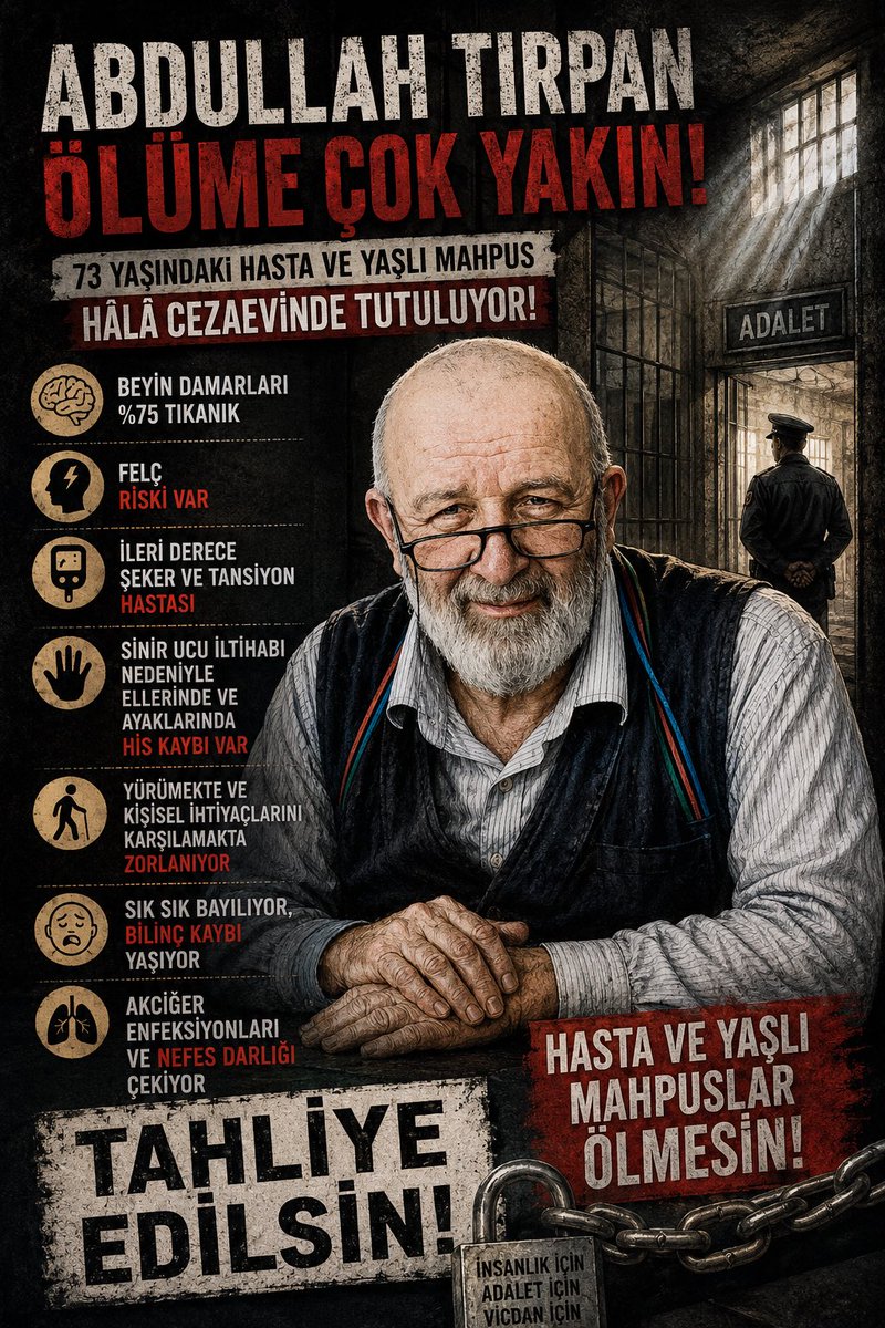 odakdunyam's tweet photo. ▪️ Beyin damarları %75 tıkanık
▪️ Felç riski var
▪️ İleri derece şeker ve tansiyon hastası
▪️ Sinir ucu iltihabı nedeniyle ellerinde ve ayaklarında his kaybı var
▪️ Yürümekte ve kişisel ihtiyaçlarını karşılamakta zorlanıyor
▪️ Sık sık bayılıyor, bilinç kaybı yaşıyor
▪️ Akciğer enfeksiyonları ve nefes darlığı çekiyor

⚠️ 73 yaşındaki Abdullah Tırpan hâlâ cezaevinde tutuluyor.

AbdullahTırpan